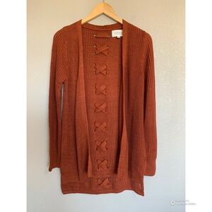 Pinque Longline Open Cardigan Small Rust Lattice Back Stitch Fix NWOT